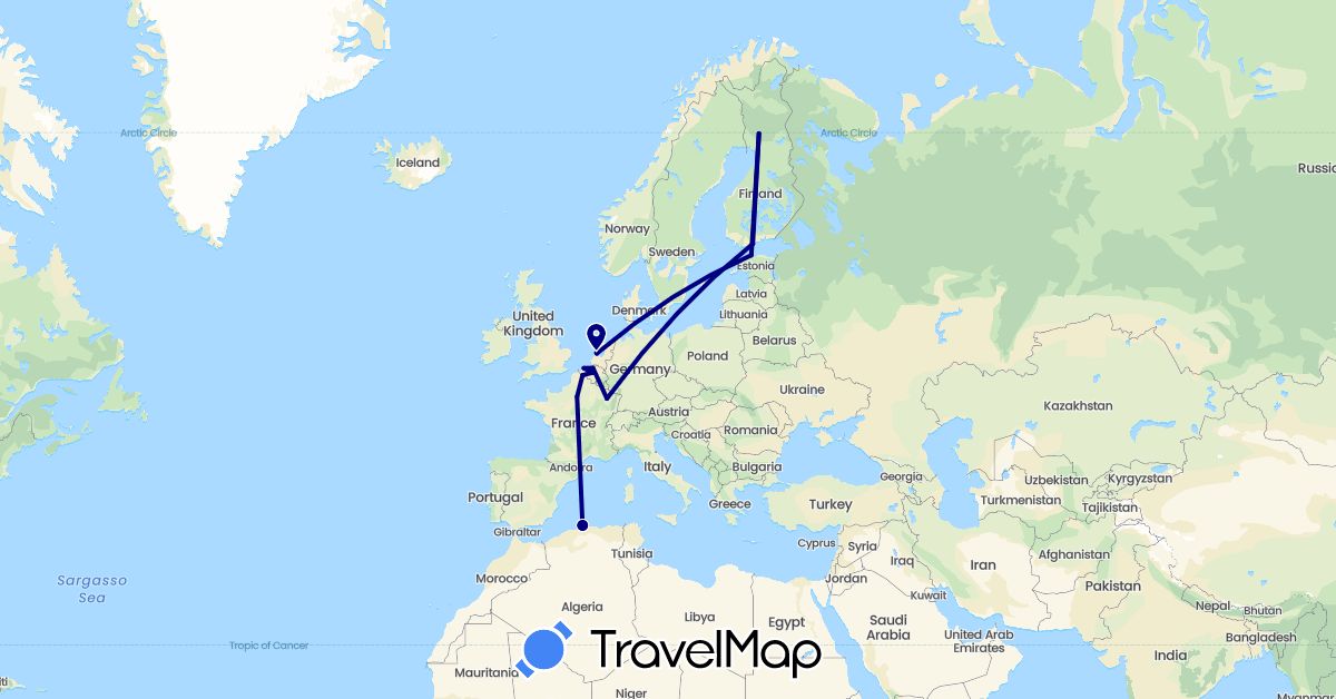 TravelMap itinerary: driving in Belgium, Algeria, Estonia, Finland, France, Netherlands (Africa, Europe)